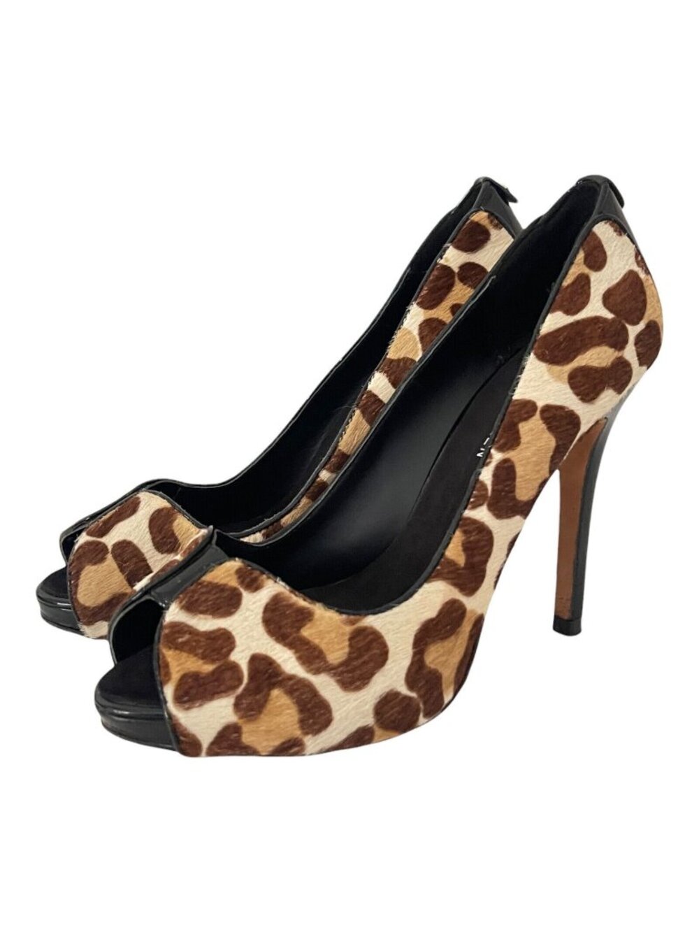 Karen Millen Size 37 Calf Hair Leopard Print Peep Toe Heels Brown Patent Leather